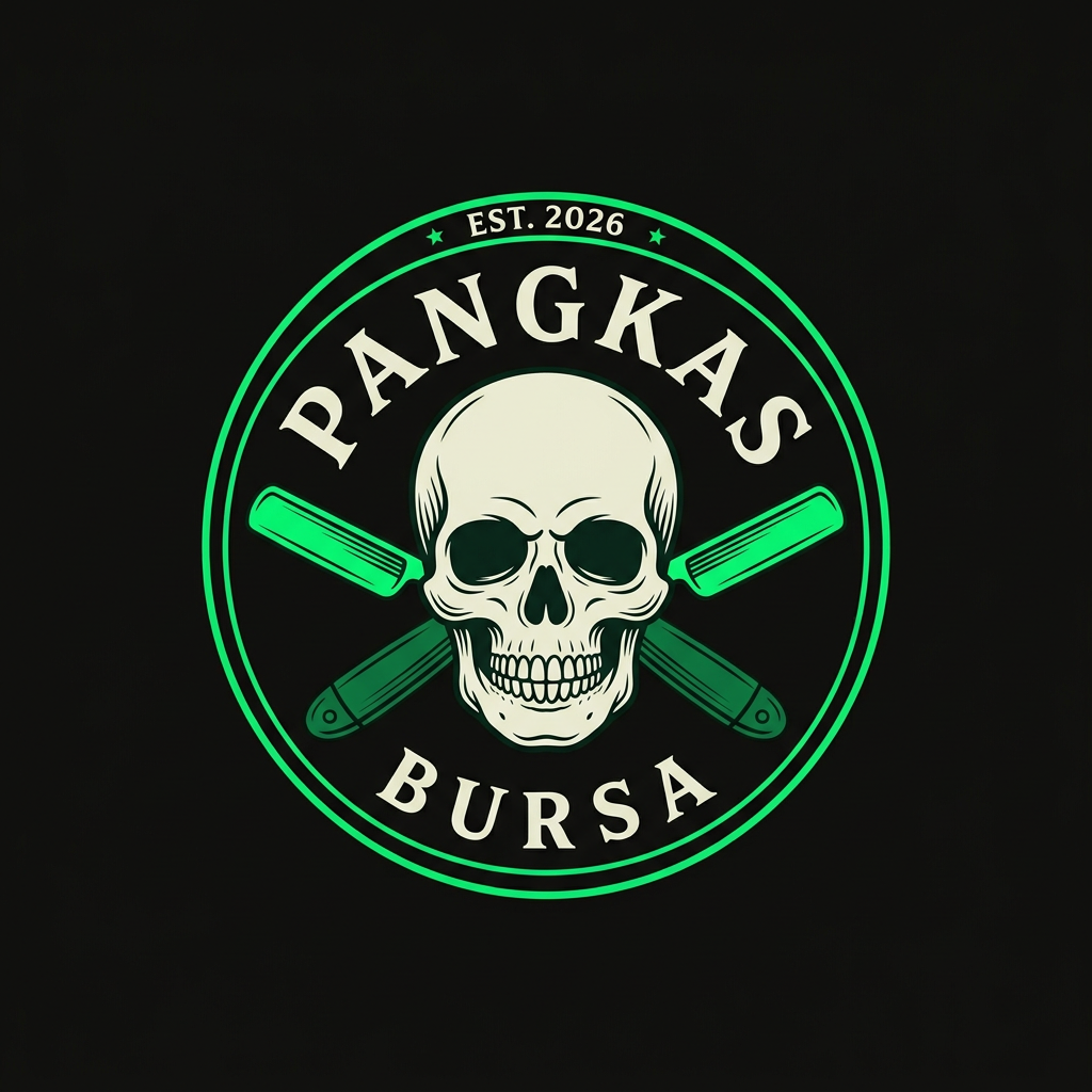 Logo PangKas Bursa: tengkorak klasik dengan dua pisau cukur bersilang, warna hijau dan hitam